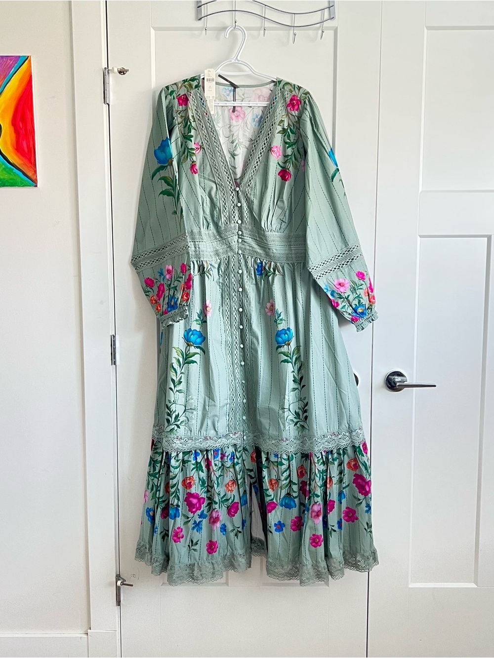 Anthropologie Mint Sage Floral-Embroidered Maxi Dress